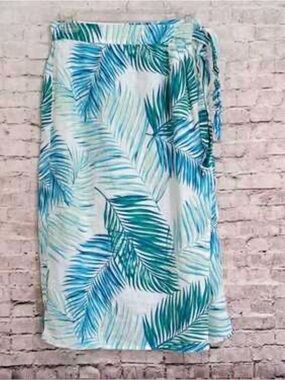 Tahari Teal Palm Leaf Faux Wrap Tie side Skirt 100% Linen. XL